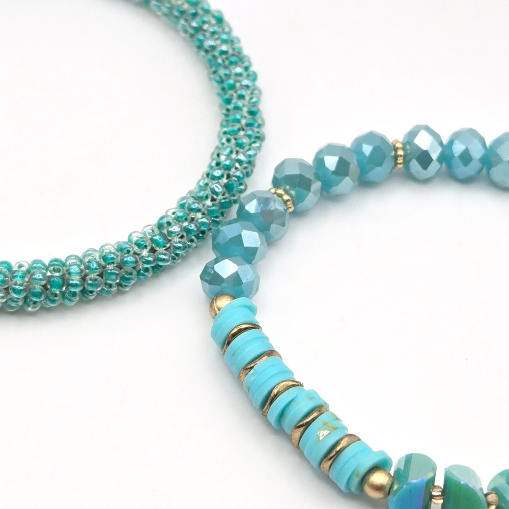 Boho Beaded Bracelet Set One Bangle One Stretch Turquoise Blue‎ Gold Accents